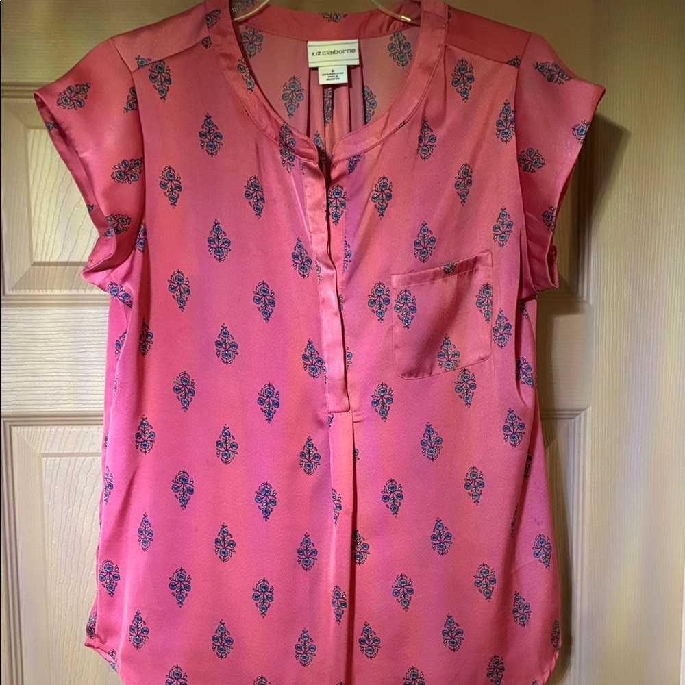 Liz Claiborne Rose-Pink Printed Split-Neck Cap Sleeve Blouse